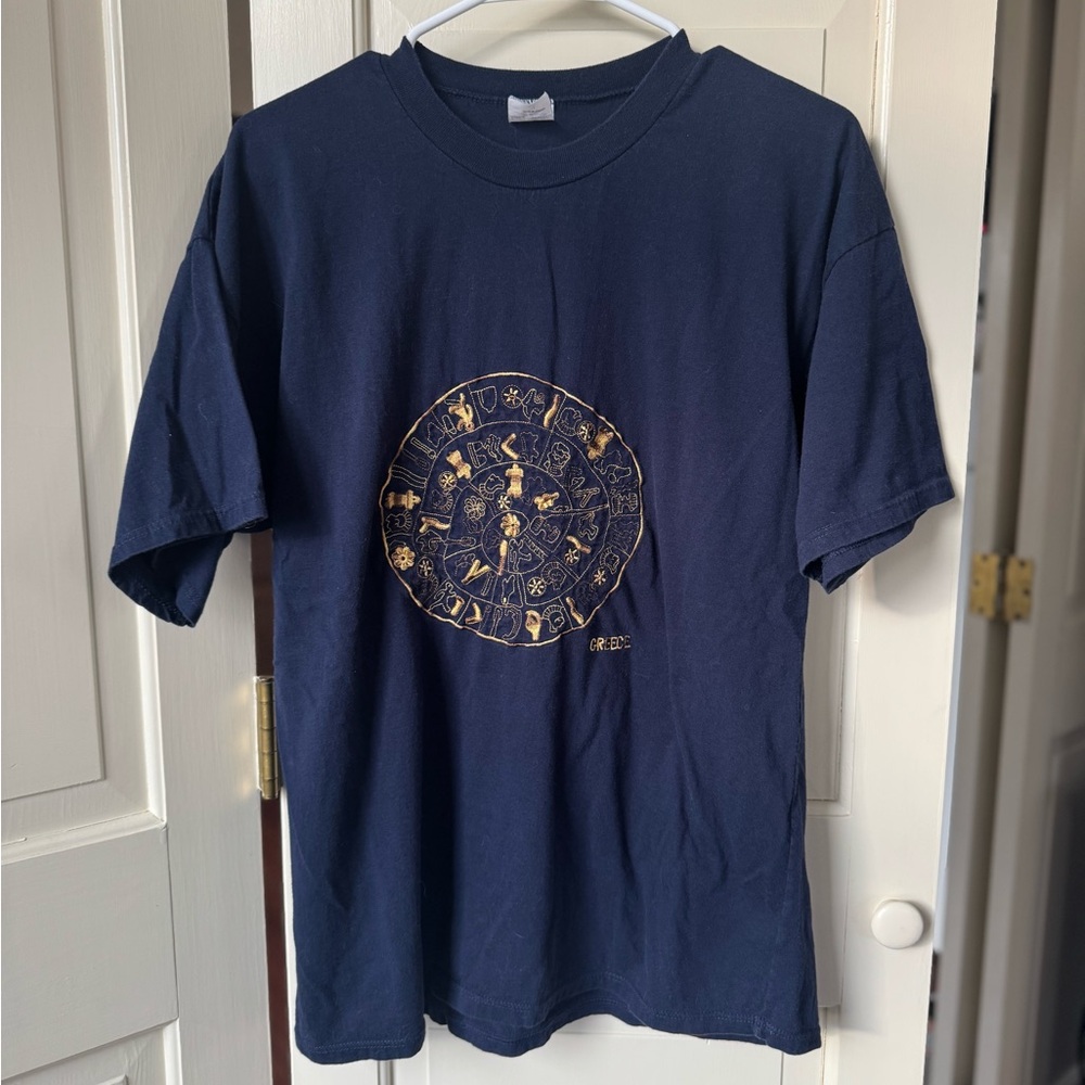 Vintage embroidered Greece Shirt men’s large navy blue/gold